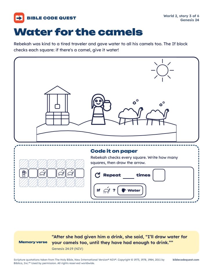 Coloring page for Water for the camels, with Rebekah, a well and an If block puzzle